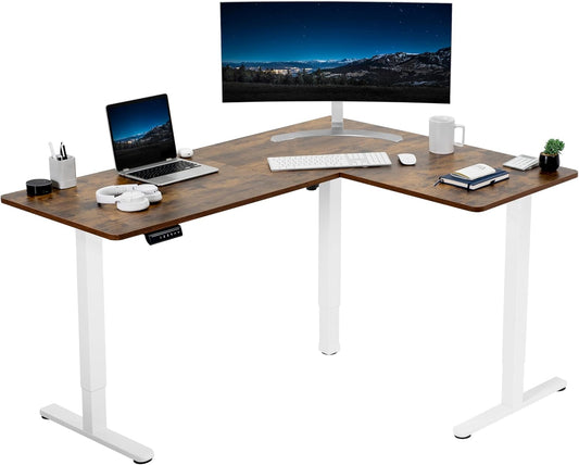 VIVO Electric Corner L-Shaped 63 x 47 in Rustic Standing Desk, Memory Height Adjustment, Vintage Brown Top White Frame, DESK-E3CTWN-47