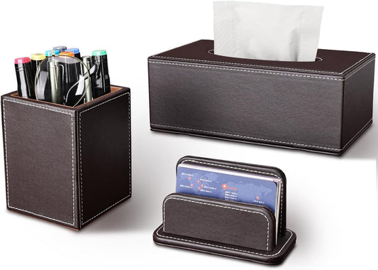 KINGFOM 3PCS/SET Desk Organizers and Accessories, Pu Leather Office Supplies Organization Set with Tissue Holder, Pencil Holder and Business Name Cards Stand Brown