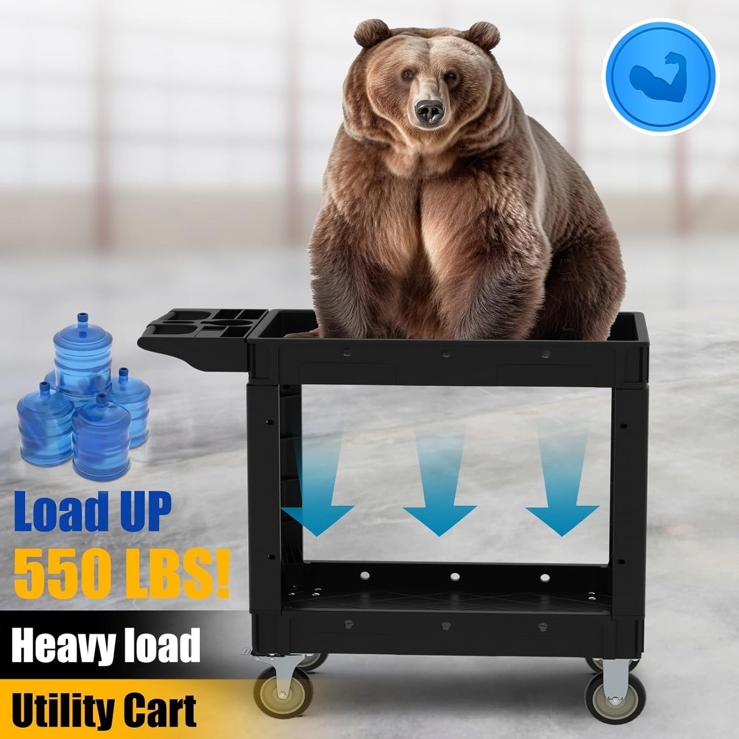 Utility Rolling Tool Cart, 40 x 17-Inch Plastic Rolling Carts Huge Storage W/Deep 2-Shelf Heavy Duty Service Carts with Wheels,550 lbs Capacity Organizer for Garage,Warehouse,Workshop-Medium