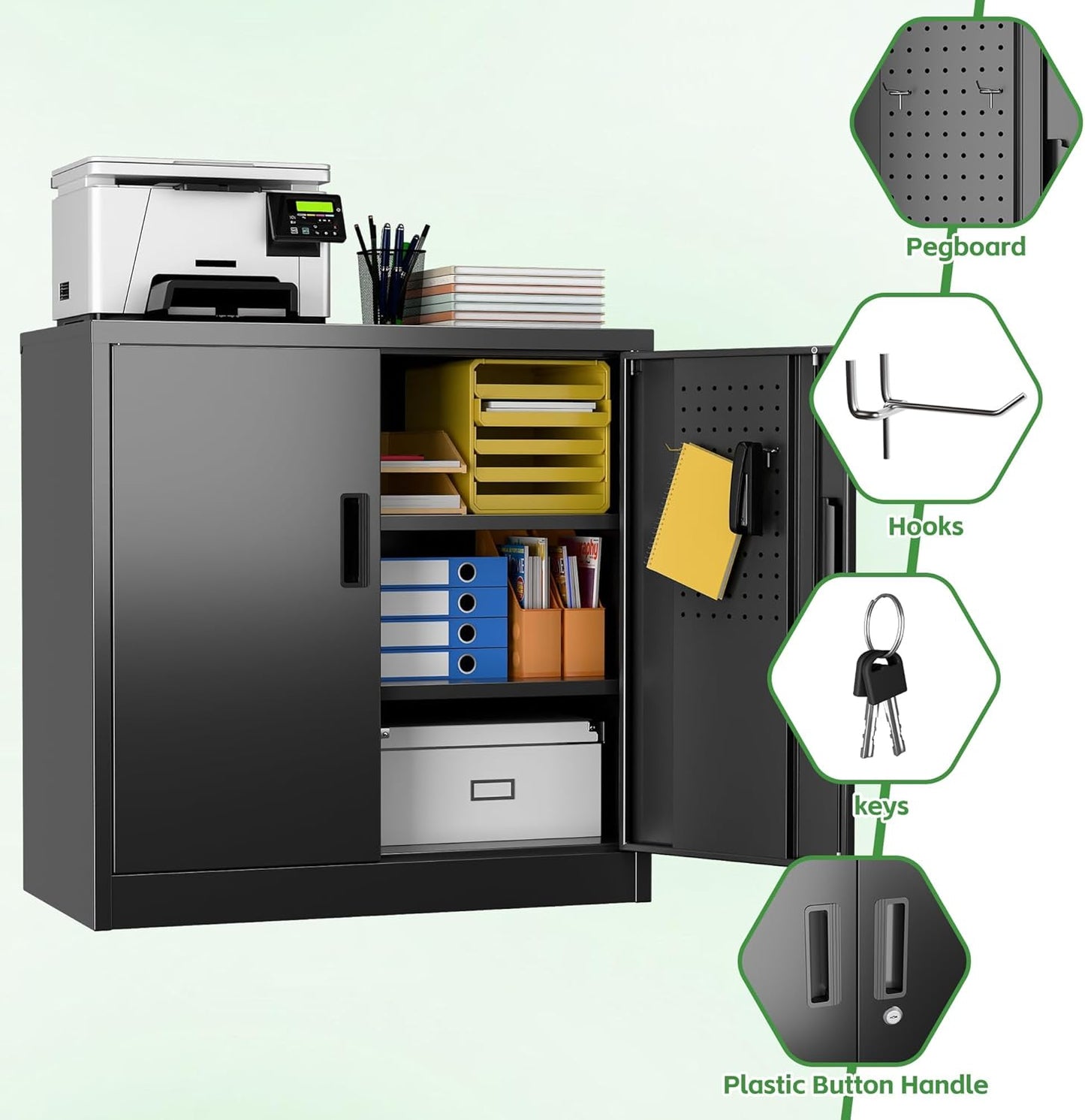 Aobabo 31.5" H Small Garage Storage Cabinet with Pegboard,Lockable File Storage Cabinet with 2 Adjustable Shelves for Garage, Office, School, Assembly Require, Black