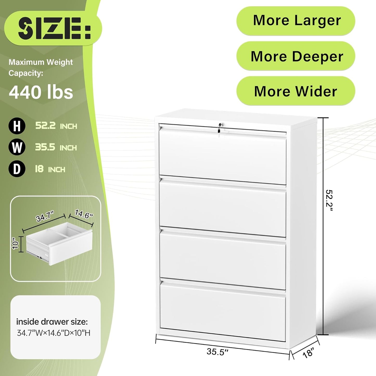 Crownland Lateral File Cabinet with 4 Drawers, 36" W Metal Lockable Office File Cabinets for Home Office- Stores Letter/Legal/A4/F4 Files(White)