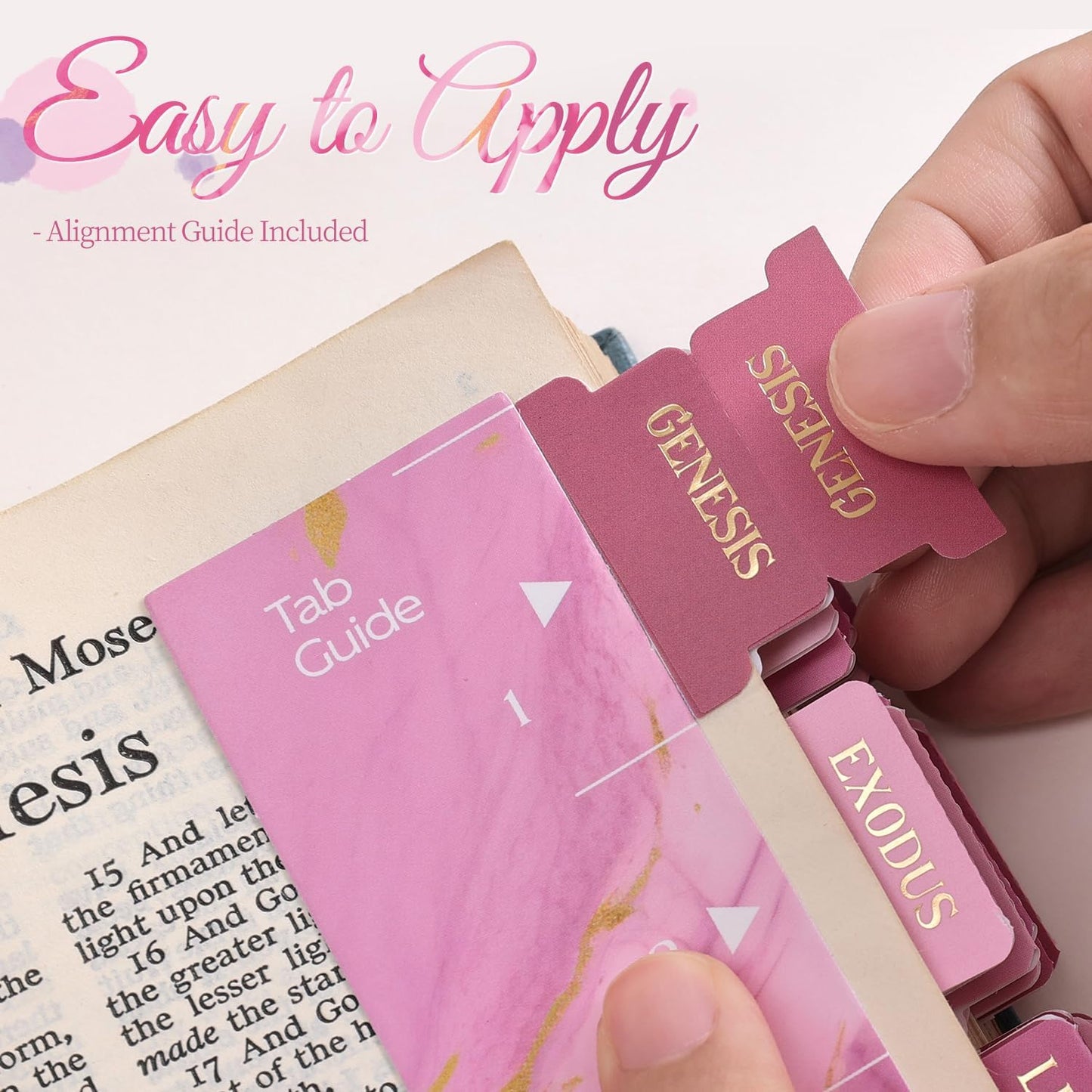 Laminated Bible Tabs, Gold Foil Embossed Lettering Bible Chapter Index Tabs for Women Men, Reposition Large Print Sticky Labels, Easy to Read and Apply, 105Chapters Labels for Easy Navigation (Pink)