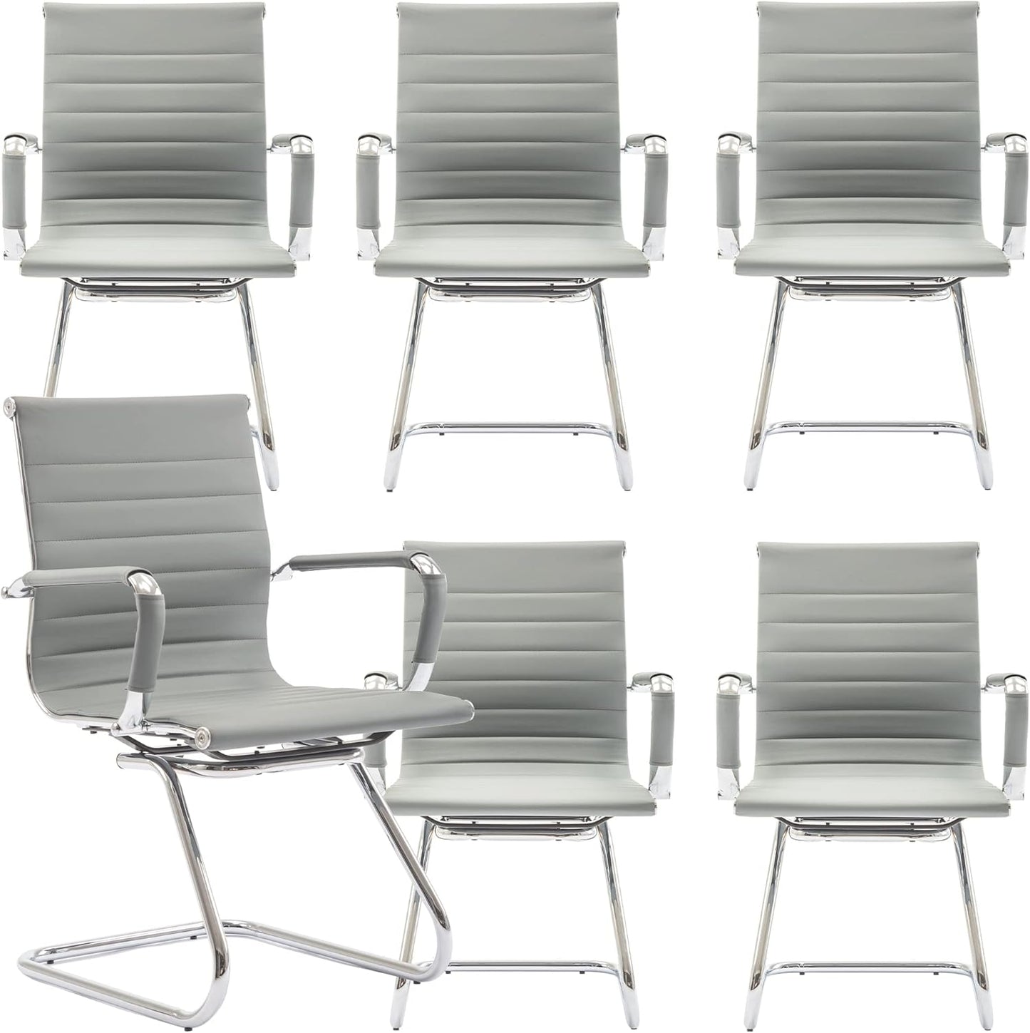 Office Desk Chair Set of 6,No Wheels PU Leather Computer Chairs Mid Back Guest Chairs with Seld Base for School/Reception/Conference/Waiting Room,Grey