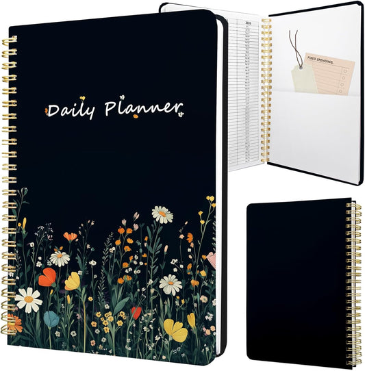 Undated Daily Planner - Spiral Notebook 80 Days One Day Per Page, Hourly Schedule, To-Do List, Notes, Everyday Planning Task, A5 Hardcover Journal Organizer Book Women Cute Aesthetic, Flower
