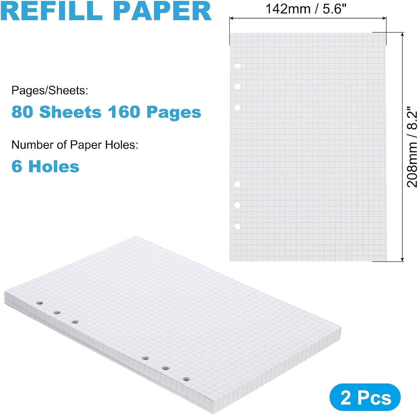 PATIKIL A5 Grid Refill Paper 6-Ring Binder Loose Leaf Planner Filler Paper Planner Inserts, 160 Sheets/320 Pages, Lined
