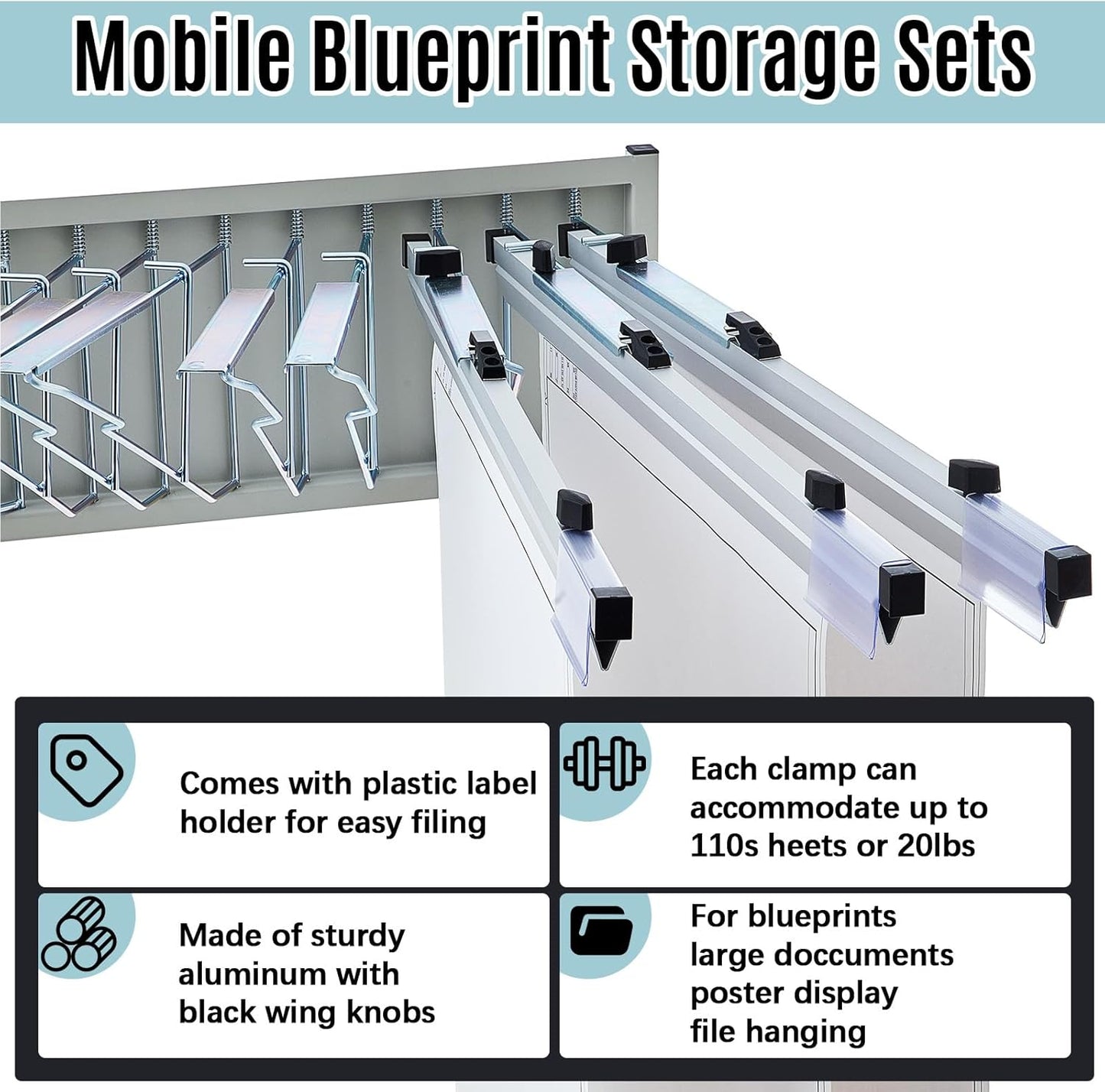 Estune Mobile Blueprint Holder Rack, Adjustable Mobile Blueprint Holder with 6 30 In Hanging Clamps 4 Wheels Poster Display Rack Storage Organizer Stand for File Display Plan Office Home(Silver)