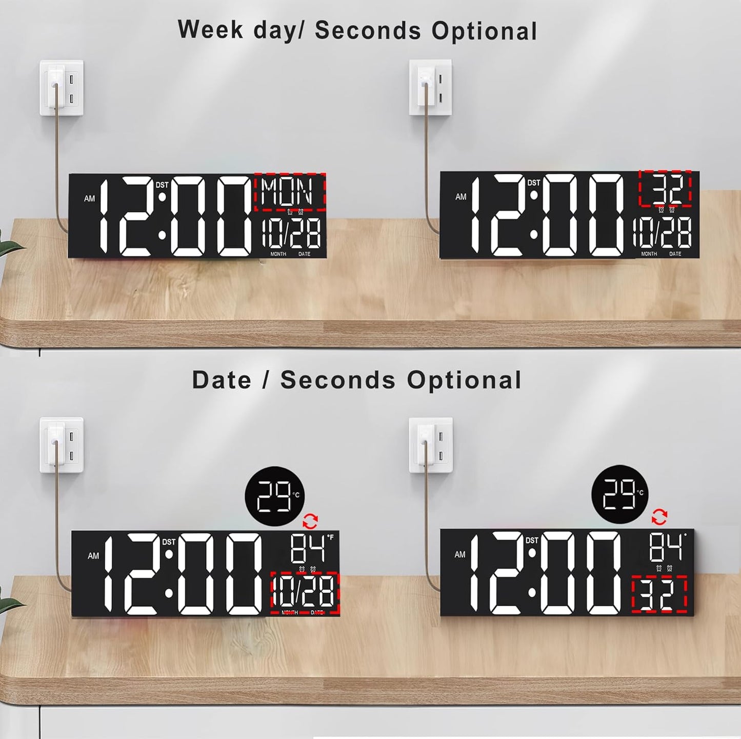 JALL 30" Large Digital Wall Mount Clock with Remote Control, Alarm, Huge Giant Big LED, Countdown, Auto DST, Temperature for Living Room Classroom Desk, Xmas, Birthday Gift, White