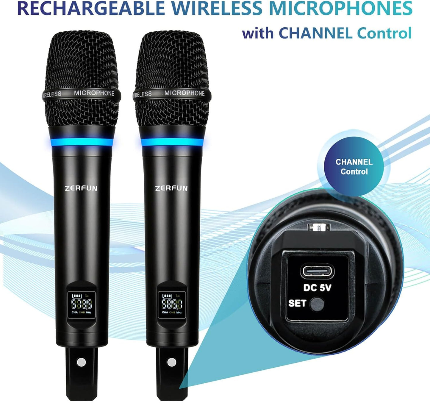 2 Channel Rechargeable Wireless Microphone System, Pro UHF Metal Handheld Wireless Microphones Cordless Mics with Mini Receiver, Channel Control for Karaoke Singing Church