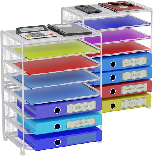 Simple Trending 2 Pack 8 Tier Letter Tray Paper - Mesh Desk File Organizer for Office School Desktop, White
