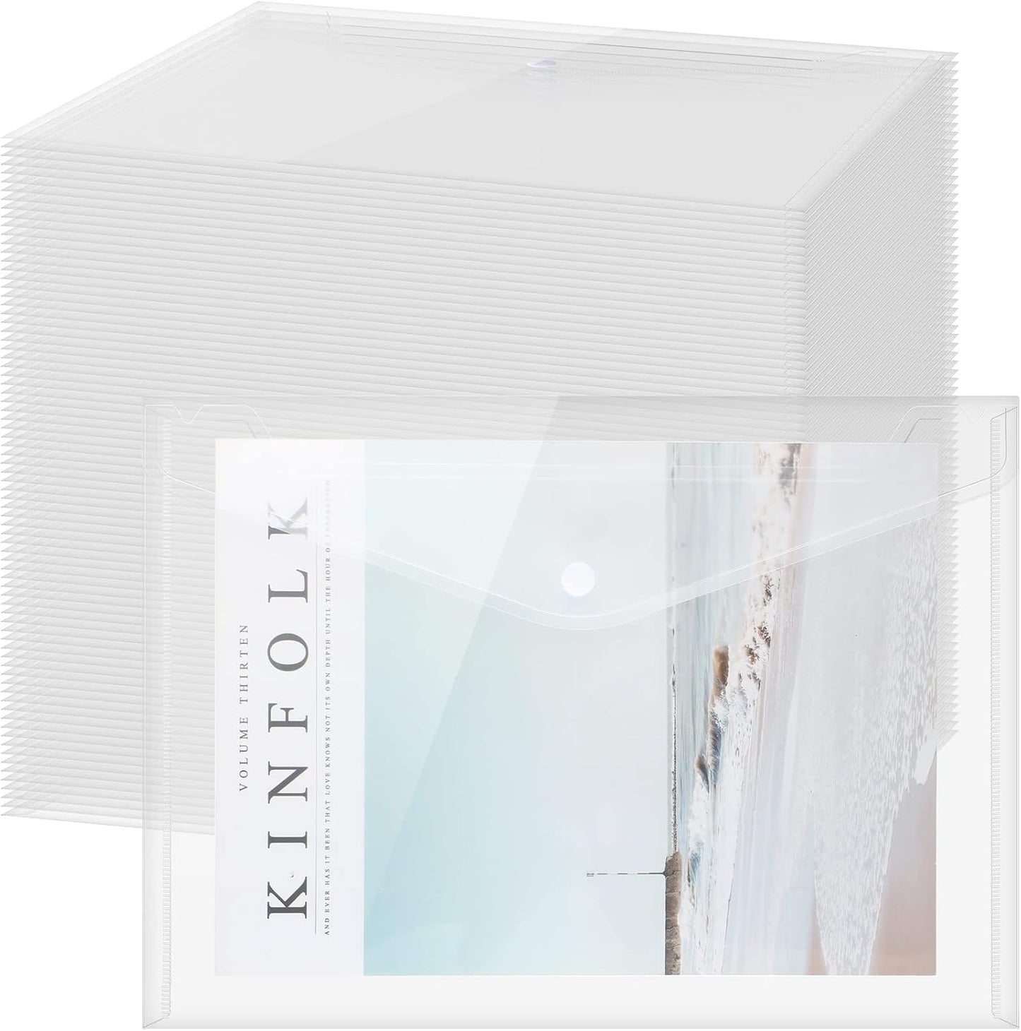 Zhehao 100 Pcs Clear Envelopes with Snap Button Closure A4 Letter Size Plastic Envelope Folder Poly Document File Folders for home Office(Clear,Simple Style)