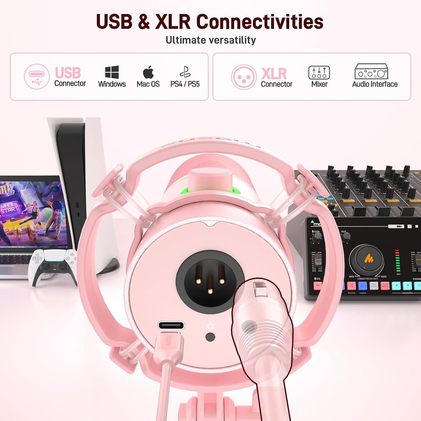MAONO XLR/USB Dynamic Microphone Kit, RGB Gaming Mic with Software, Mute, Gain Knob, Volume Control, Boom Arm for Streaming, Podcasting, Voice-Over, Recording-PD200XS Pink