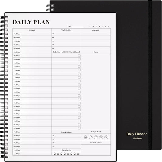 Planner Undated, Asten Daily Planner Agenda with To Do List, Hourly Schedules for Women and Men, Spiral Appointment Book with Elastic Closure, Inner Pocket 8.5" x 11" (Black)