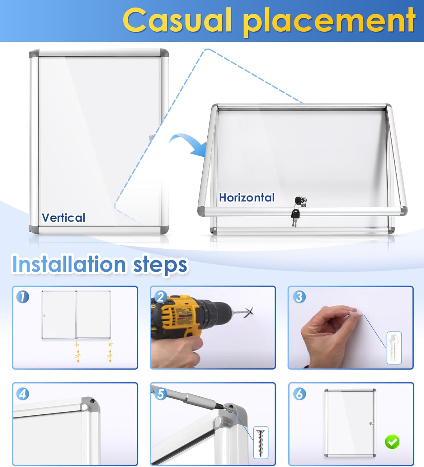 SWANCROWN Enclosed Bulletin Board Dry Erase Noticeboard Lockable Display Boards White with Aluminium Frame 20x14inch(2xA4)