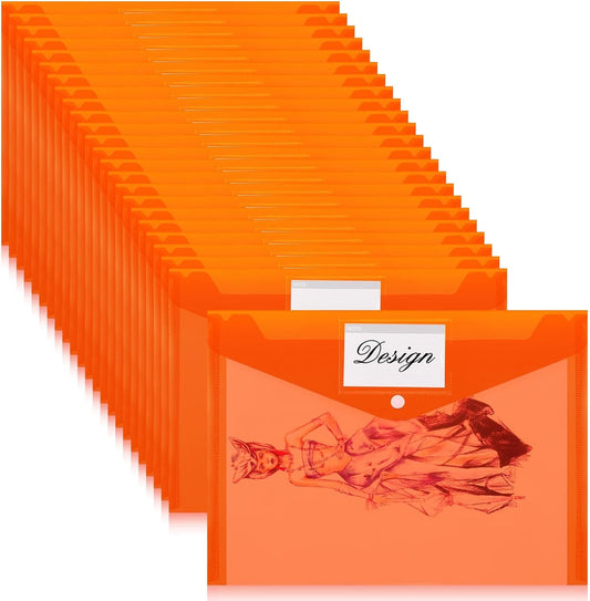 Lincia 24 Pcs Plastic Envelopes A4 Size Poly Envelopes File Folders Work Document Holder Office Paper Plastic File Organizer with Label Pocket Snap Button Home Bag for School(Clear Orange)