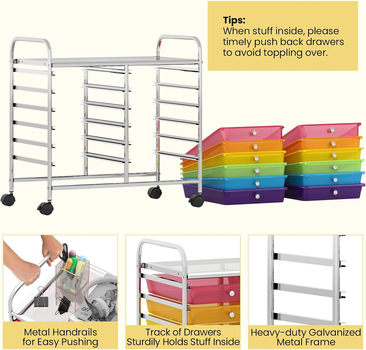 Giantex 12 Drawers Rolling Cart, Mobile Storage Drawer Cart, Classroom Organizer Cart for Office School Supplies Tools Scrapbook Paper Craft Small Printer, Utility Cart on Wheels, Rainbow