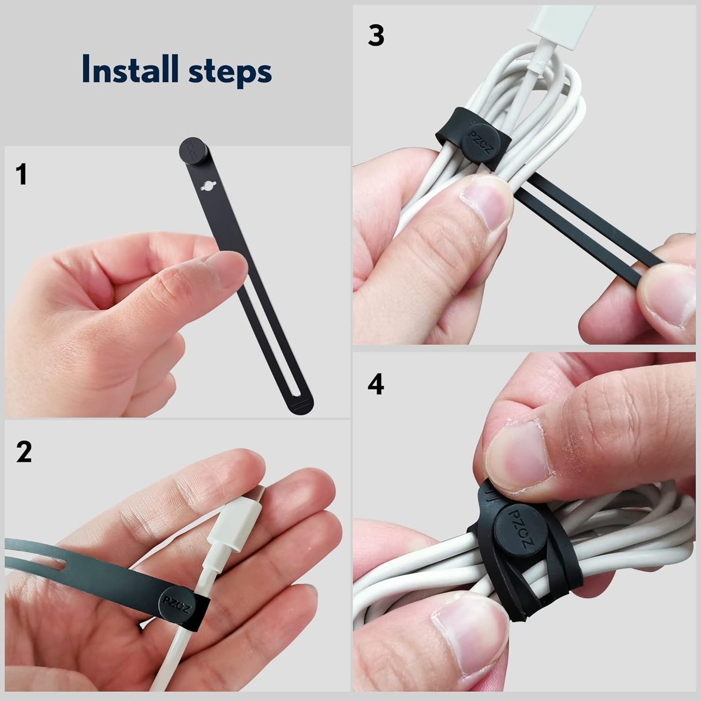 PZOZ (10 pcs) Reusable Cable Ties, Elastic Silicone Cord Organizer Straps Keeper Management Holder for iPhone Charging Cable Charger Wire Labels Desk Car and Travel Accessories (Black)