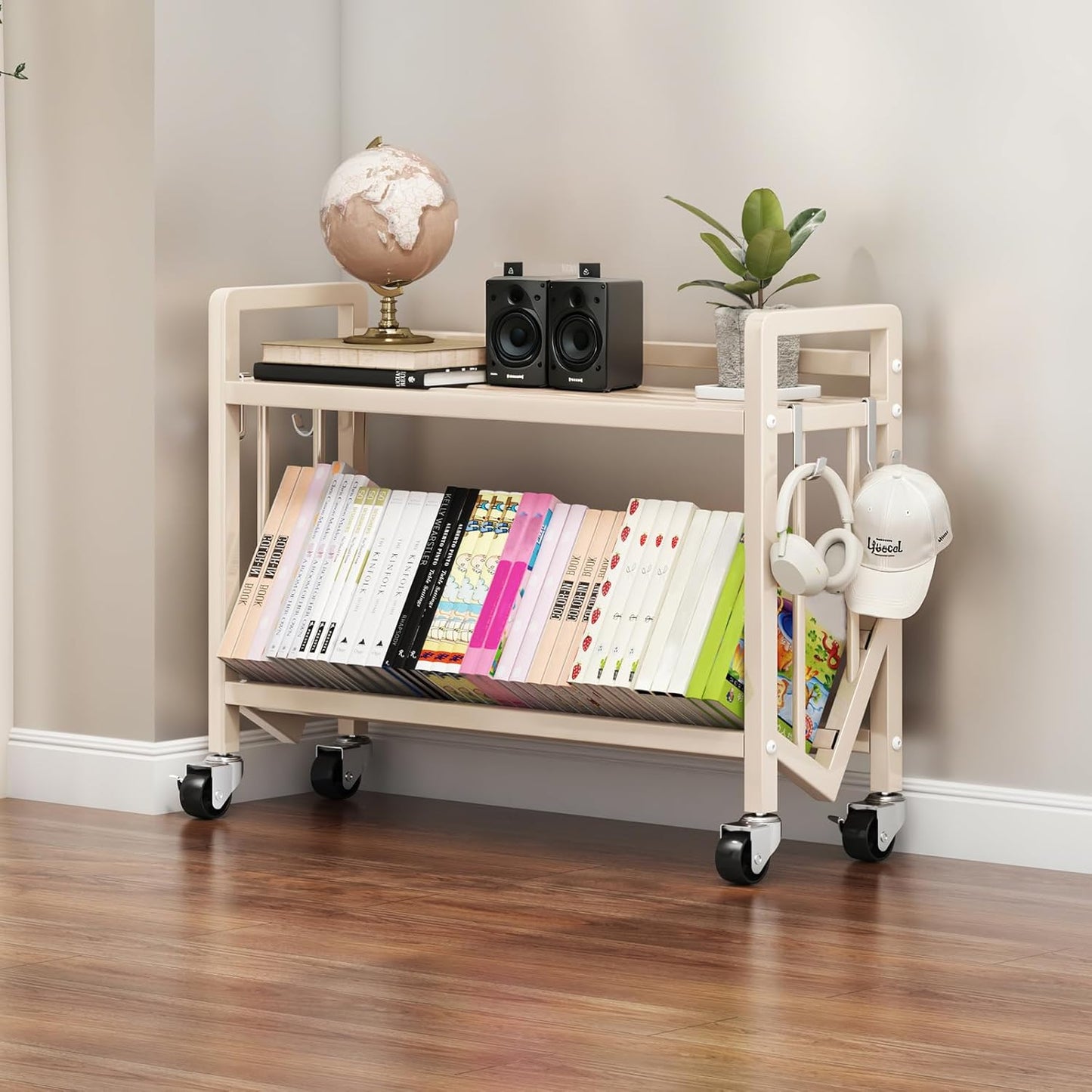 Bookshelf Movable Book Cart Multi-Layer Storage Rack Large-Capacity Rolling Cart L-Shaped Carbon Steel Shelf Suitable for Storing Books, Magazines, Newspapers, Shoes