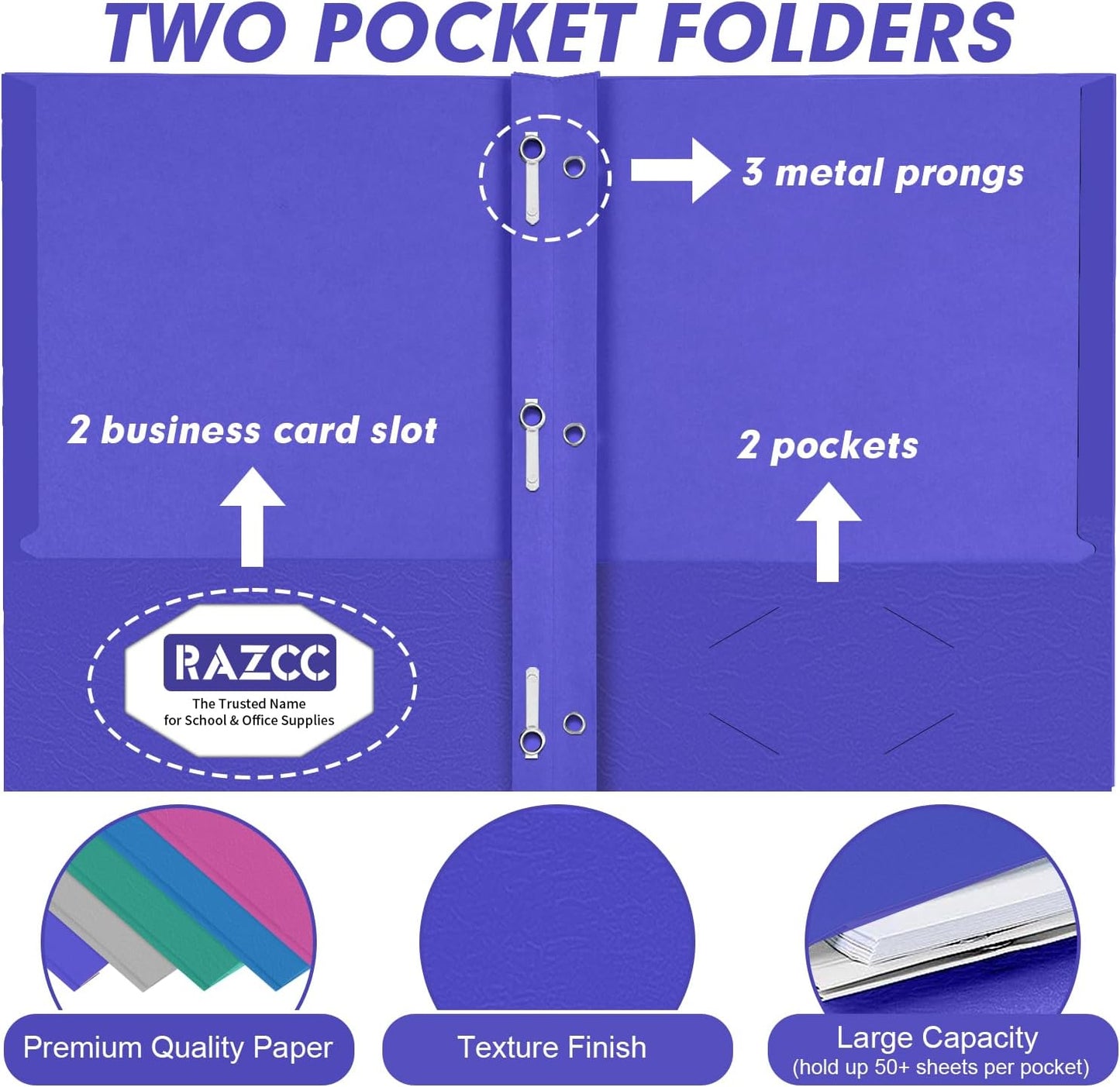 Two Pocket Folders, RAZCC 75 Pack Two Pocket Folders with Prongs, 3 Prong Pocket Folders Letter Size, Paper Folders with Prongs for School Office Home Business, Assorted 5 Colors