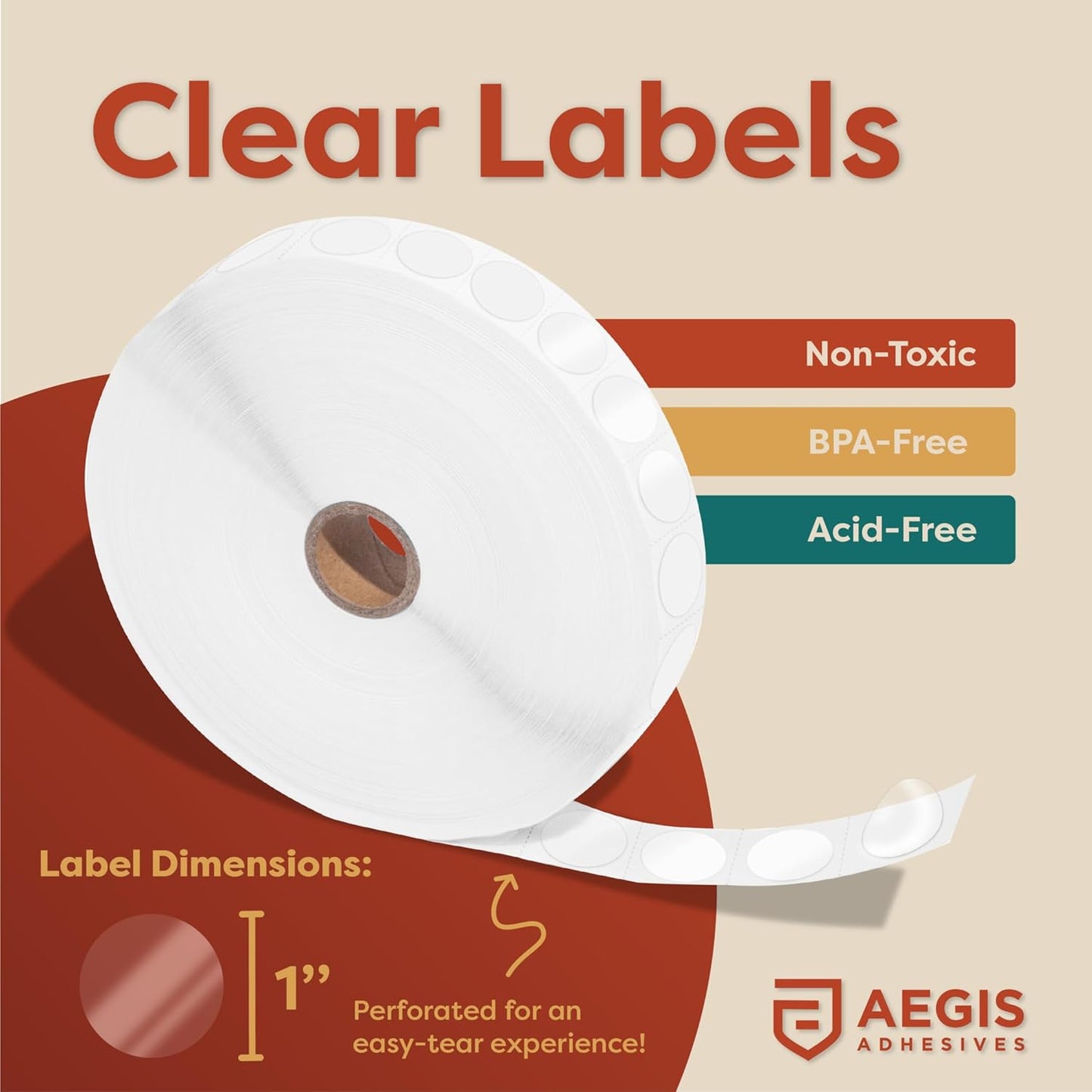 Aegis Adhesives - 1" Clear Circle Labels - Perforated Stickers for Use as Protective Covers, Sealing Envelopes and Boxes, Library Book Spines, and More (1 Roll, 5000 Labels/Roll)
