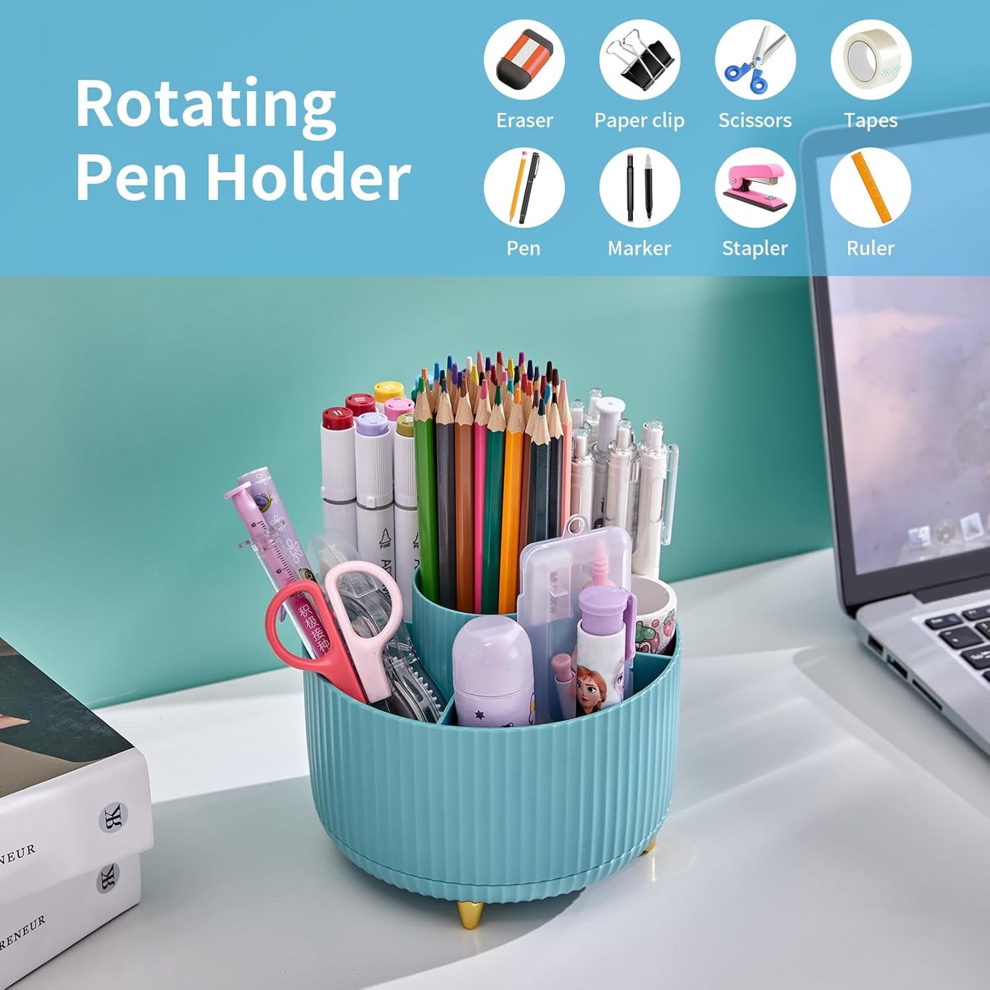 Marbrasse Desk Organizer, 360-Degree Rotating Pen Holder, Desk Organizers and Accessories with 5 Compartments Pencil Holder, Art Supply Storage Box Caddy for Office, Home（Light Blue）