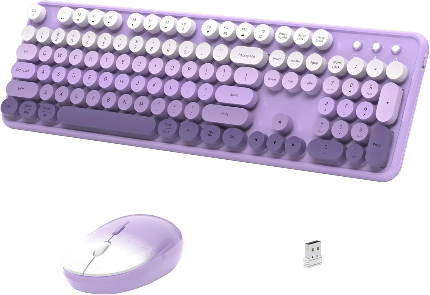 Wireless Keyboard and Mouse, Full-Size Retro Typewriter Keyboard with Round Keycaps, 2.4GHz for Windows, Mac, Laptop, PC, Desktop (Purple Gradient)