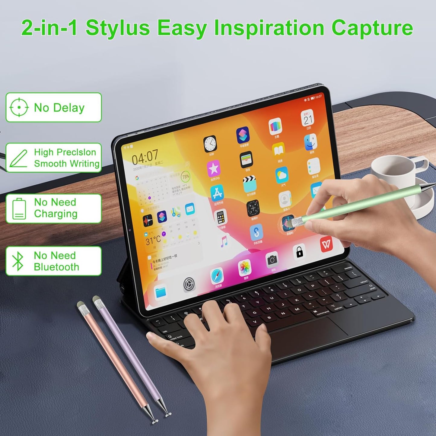 Stylus Pen for Touchscreen,3pcs 2in1 High Precision Sensitivity Stylus, Suitable for iPhone/ipad/Android Stylus for ipad,Compatible with Touch(Green/Purple/Rose Gold + 4Tips)