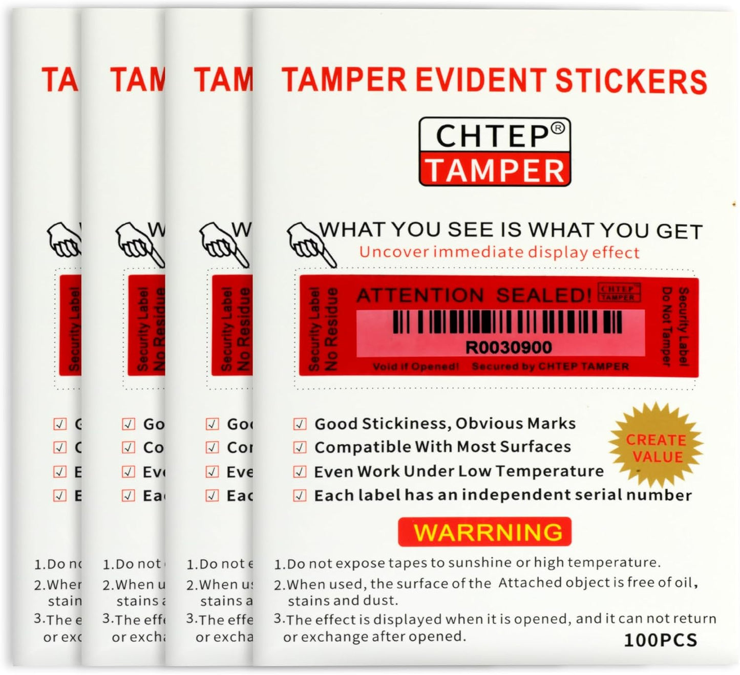 ChtepTamper 100 Pieces No Transfer Tamper-Evident Stickers Security Labels Great for Goods Shipping,Exchange of Agency Files, Privacy Protection or More(Serial Number 1 * 3.54inches Red)