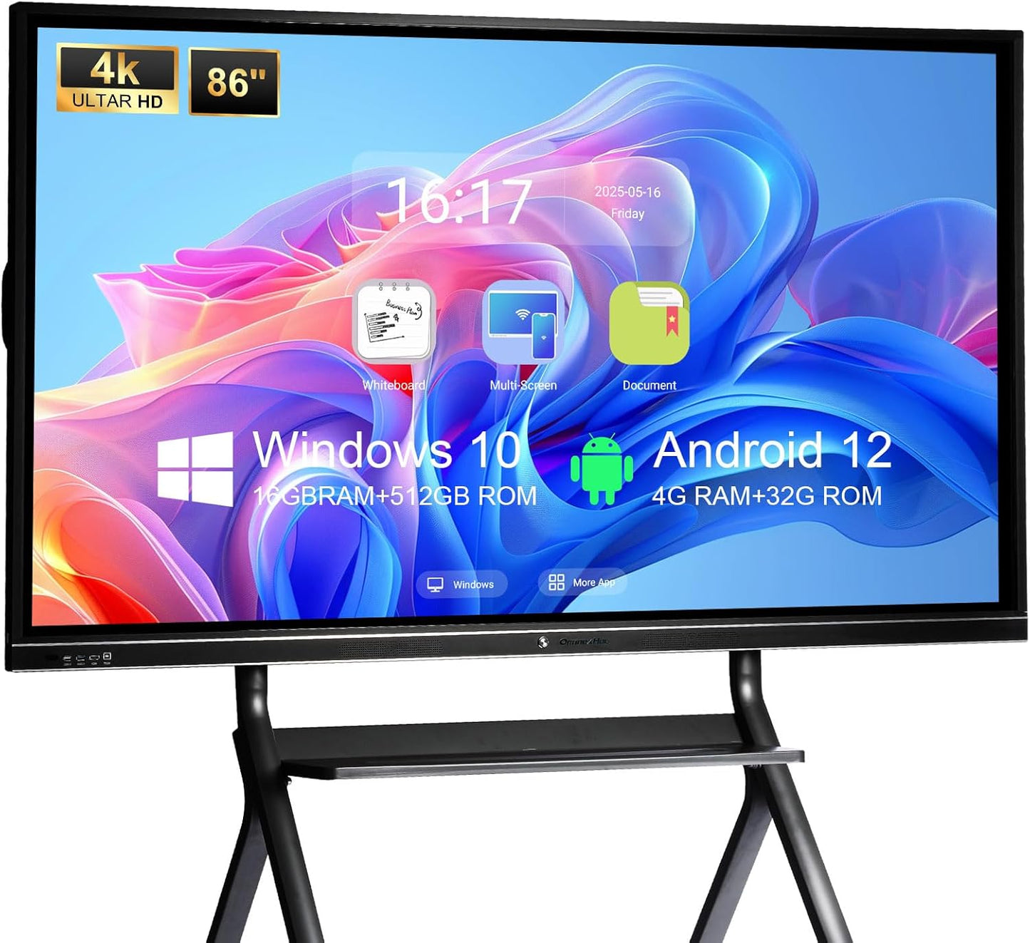 86″ Smart Board, 4K UHD Touchscreen Interactive Whiteboard with Dual System, 16+512GB Digital Whiteboard Display for Classroom, Home and Business Office, Google EDLA Certified (Wall Mount Included)