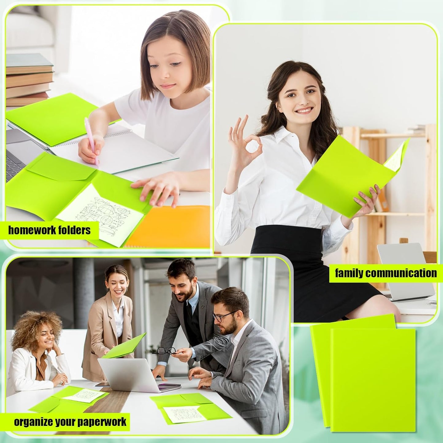 Gueevin 50 Pcs Plastic Folders with Pockets, Back to School Two Pocket Folder Fit Letter Size, Heavy Duty School Business Card Holder for Home Office, 11. 61 x 9. 45 Inches (Fluorescent Green)