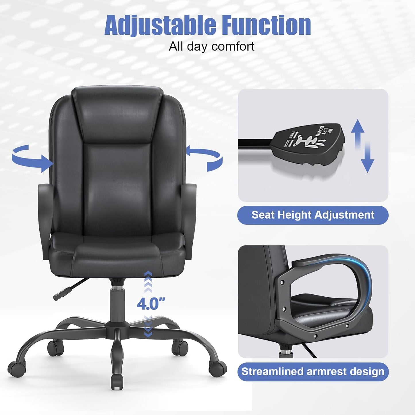 ZZH Executive Office Chair, Leather Desk Computer Chair with Armrests, Mid-Back Swivel Adjustable for Home Office, 1PC, Black