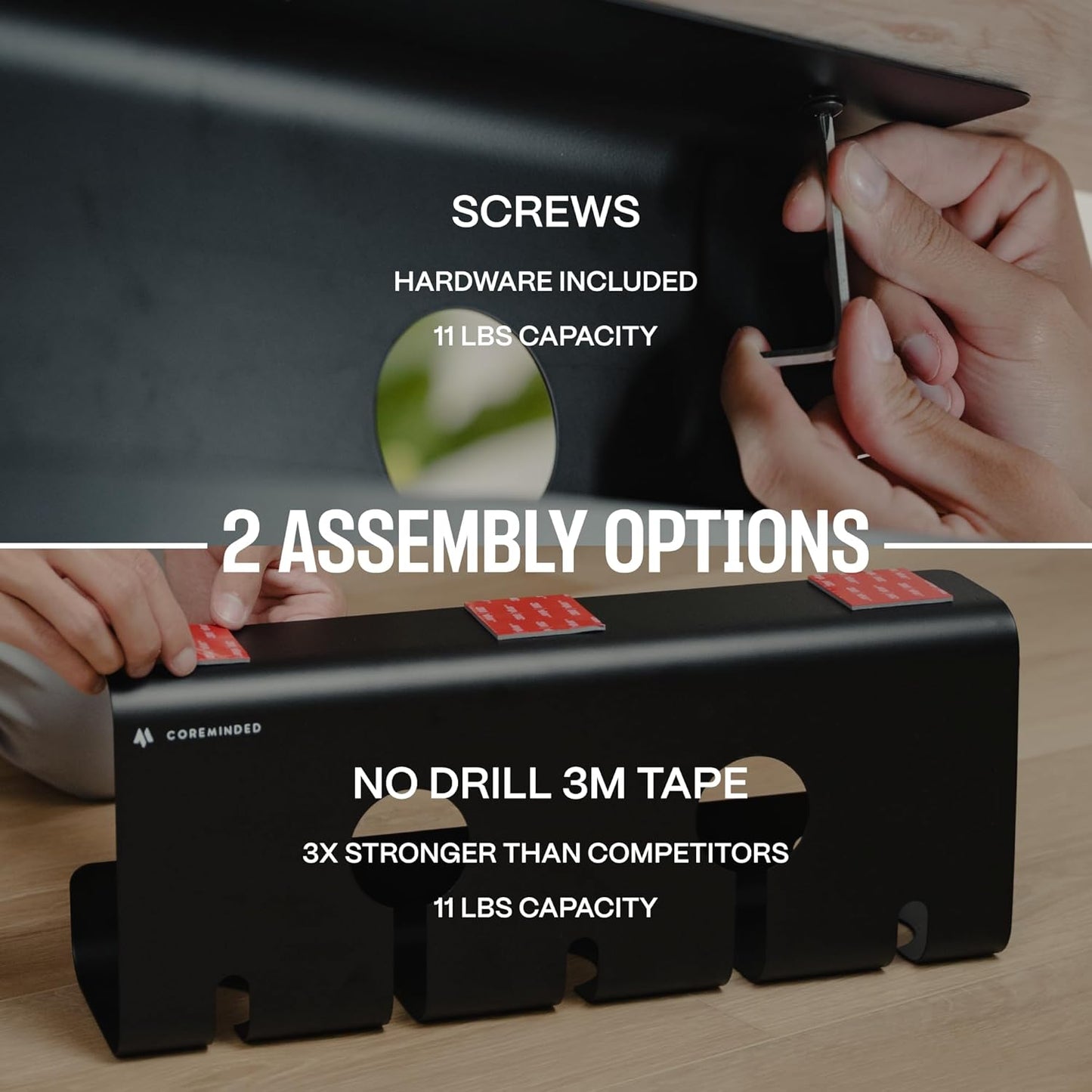 No-Drill Under Desk Cable Management Tray - 2-Pack Wire Organizer for Standing Desk - Cord Management System with Power Strip Holder - L