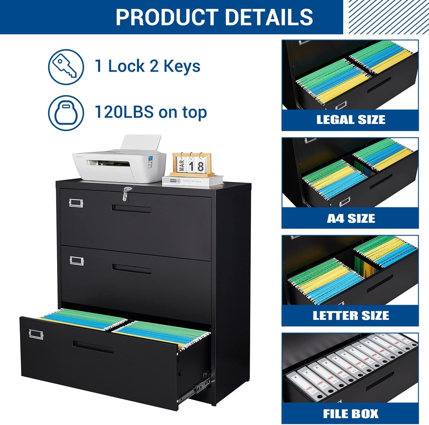 Lateral File Cabinet with Lock, 3 Drawer Large Metal Filing Cabinet,Home Office Lockable Storage Cabinet for Hanging Files Letter/Legal/F4/A4 Size-Assembly Required