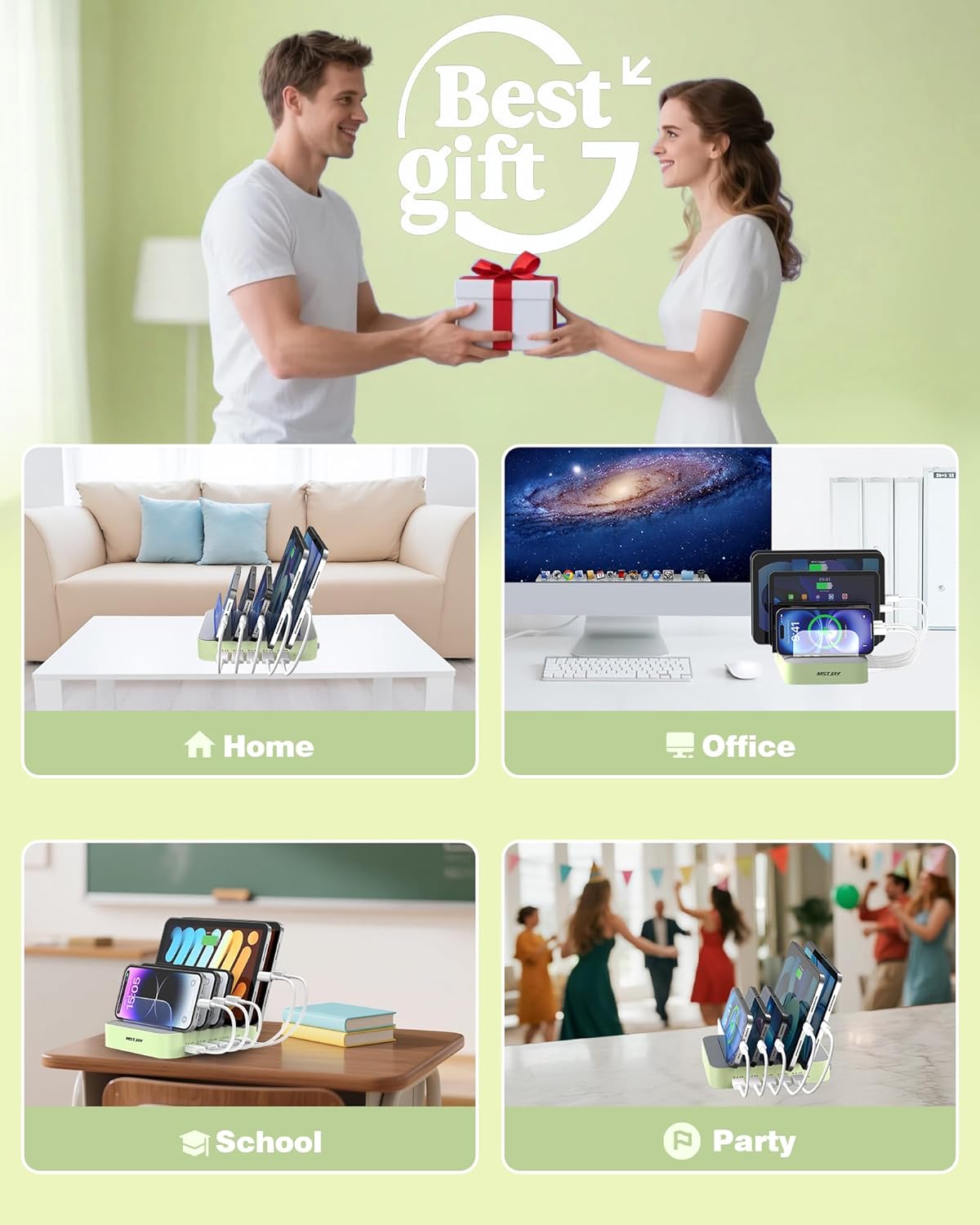 MSTJRY Charging Station for Multiple Devices : 5 Port Multi USB-A Charger Stations Multi-Device Organizer Charging Dock Designed for iPhone iPad Cell Phone Tablets (7 Short Cables Included), Cyan