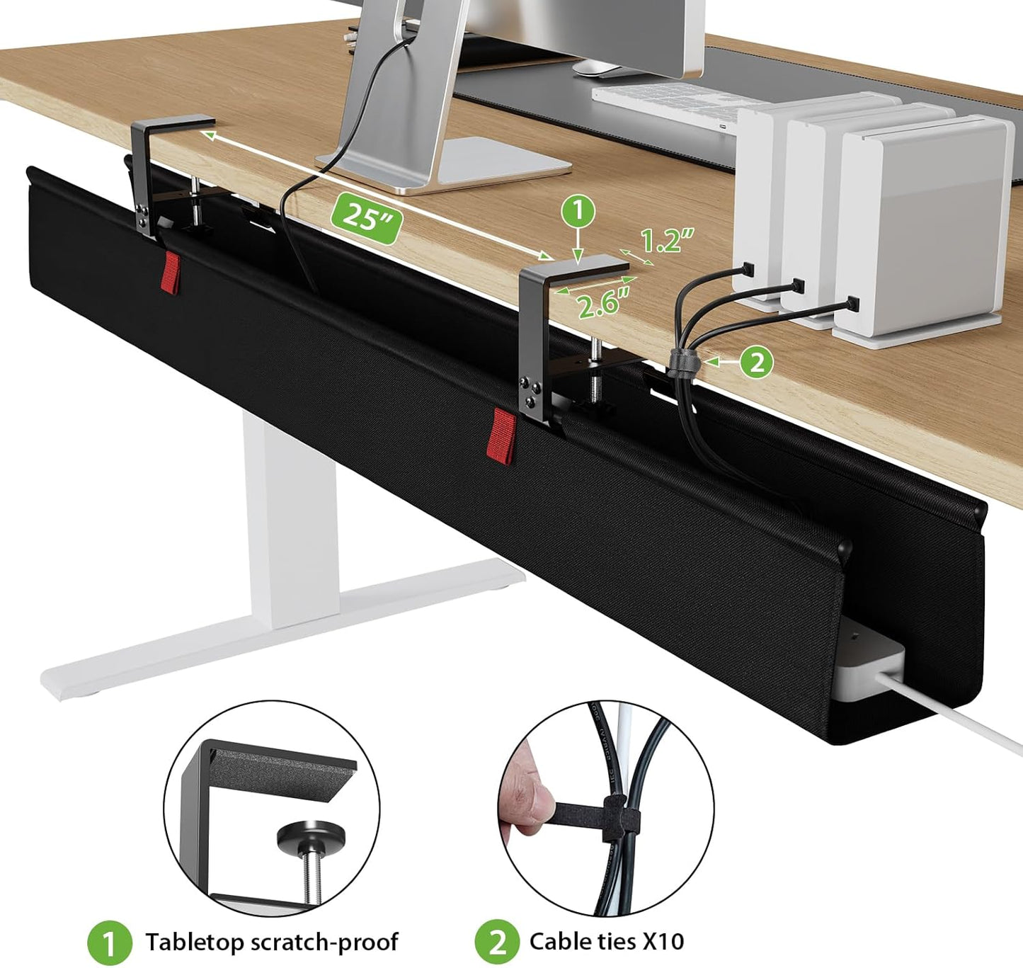 KEEGH Extra Large 48" Under Desk Cable Management Tray - Under Desk Cord Management - Clamp/Screw Mount - Support Upto 70lbs - Fabric Wire Management - Cable Raceways Tray Cord Hiders for Office/Home