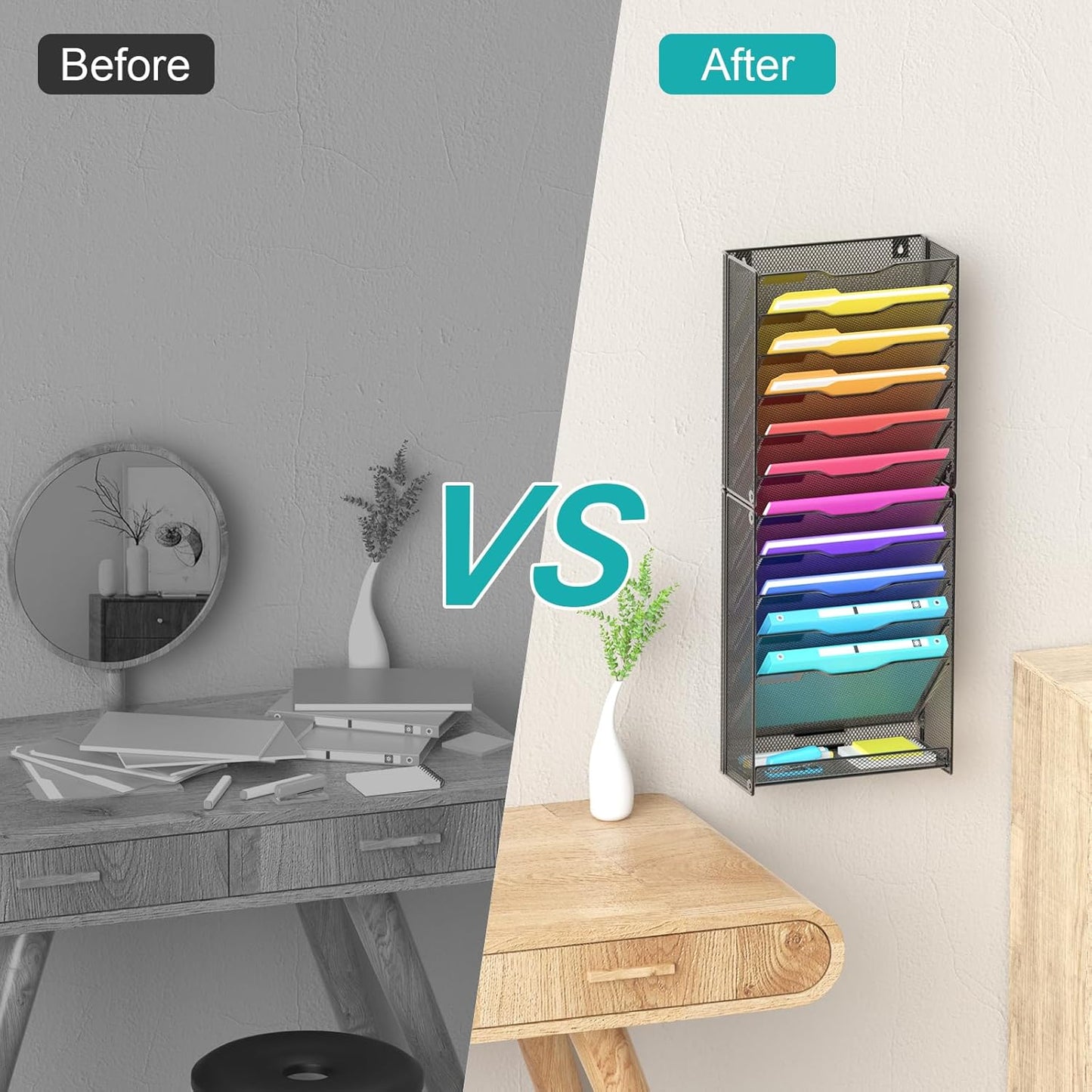 12 Tier Wall File Organizer, Mesh Letter Magazine Mail Wall File Holder Rack Hanging File Organizer With Flat Tray For Office Home, Black