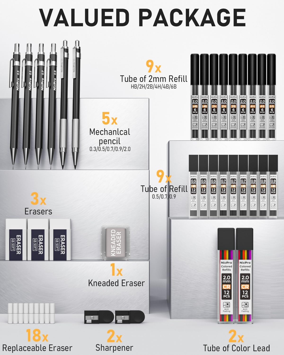 Nicpro 34PCS Black Art Mechanical Pencils Set, Metal Drafting Pencil 0.3, 0.5, 0.7, 0.9 mm & 2PCS 2mm Lead Holder (6B 4B 2B HB 2H 4H Colors) For Sketching Drawing With 19 Tube Lead Refills Case