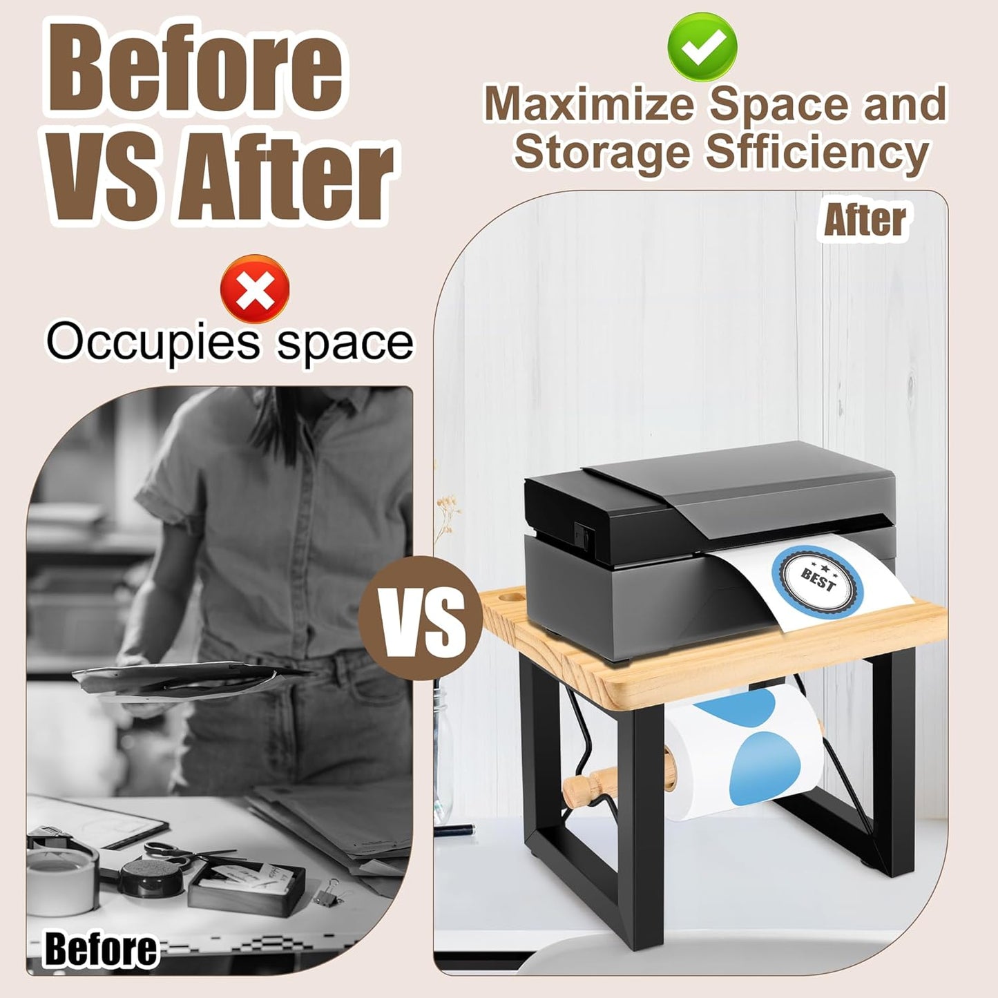 Label Holder for Rolls and Fan-Fold Labels, Thermal Printers Desktop Label Dispenser Stand, Durable Wooden Label Holder Organizer for Home, Office, Warehouse