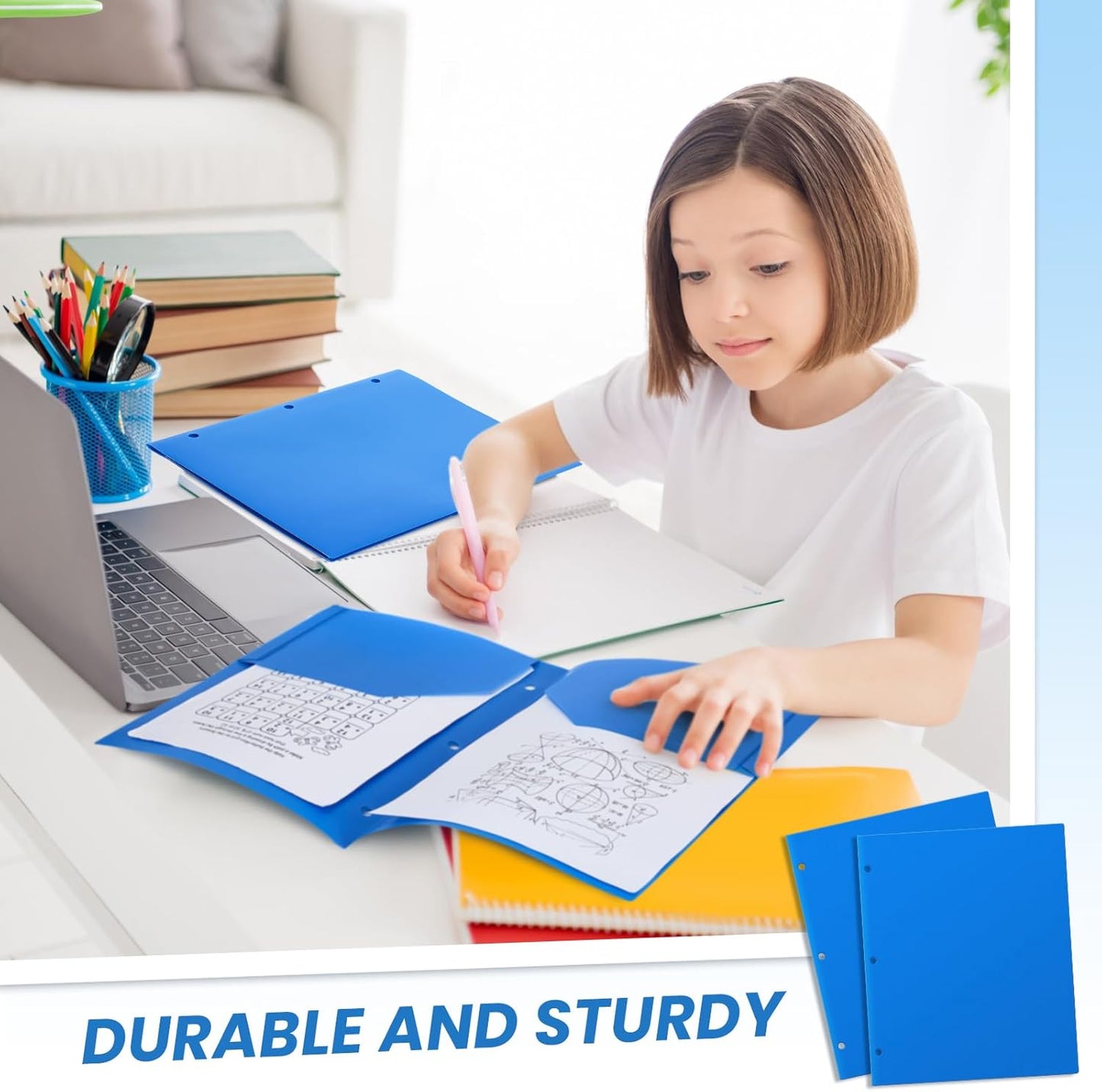 Yeaqee 50 Pcs Plastic Folders with Pockets Bulk 3 Hole Punched 2 Pocket File Folders for 3 Ring Binder Divider Folder for Notebooks, Durable Poly for Office Home (Blue)