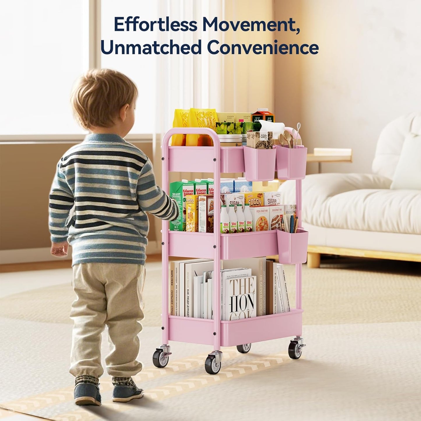 YASONIC 3-Tier Metal Rolling Cart, Heavy Duty Utility Cart with Lockable Wheels, Hanging Cups, Hooks, Mesh Rolling Storage Cart Craft Organizer, Lightweight and Sturdy, Pink