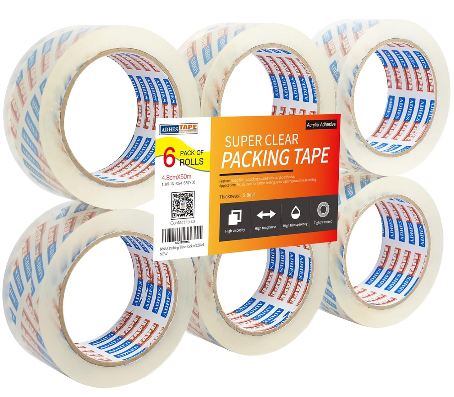 ADHES Packing Tape Shipping Tape Packaging Tape for Moving Boxes Heavy Duty Clear, 50M Length 4.8cm Width,2.6Mil Thickness