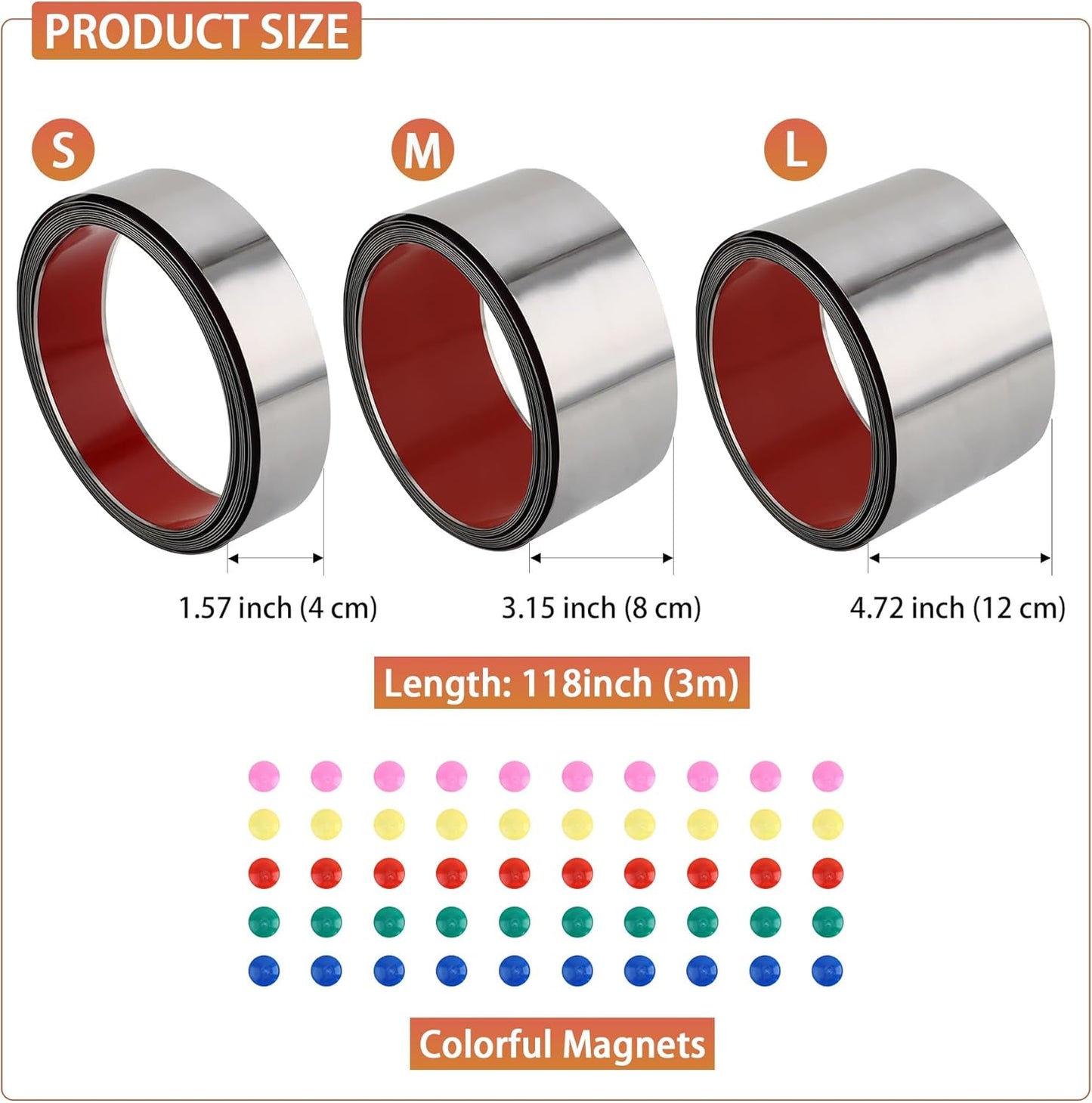 Self Adhesive Backing Metal Strip for Magnets, Flexible Ferrous Memo Tapes Roll for Bulletin Boards in Studio, Office, School (Glossy Silver, 118''L x 3.15''W)