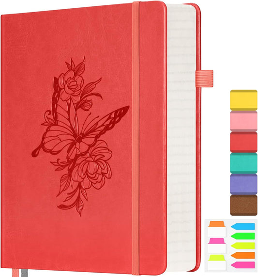 Lined Notebook Journal for Women Men, 312 Numbered Pages B5 Thick Leather Journals for Writing, Daily Diary Journal for Work School, Hardcover College Ruled Notebook, Butterfly Flower Notebook, Red
