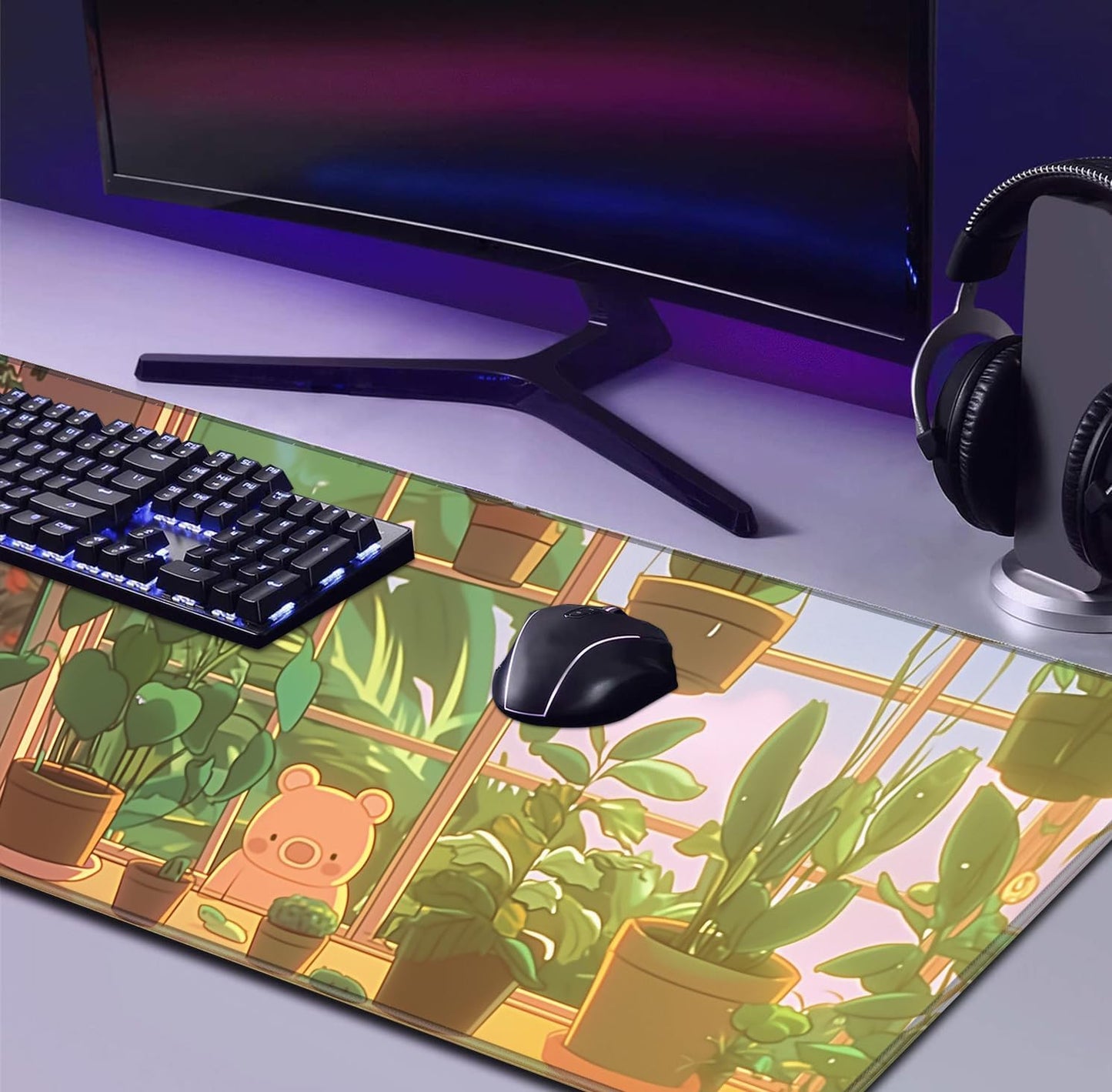 Green Plant Flower Anime XL Keyboard and Mouse Pad Women's Office Desk Accessories Decoration Expansion Game Mouse Pad Computer Office Desk Pad 35.4 x 15.7 inches