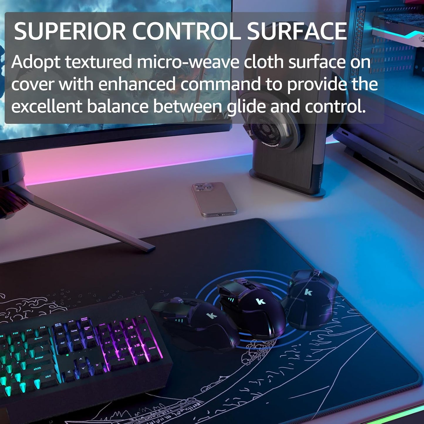 KTRIO Large Gaming Mouse Pad with Stitched Edges, Extended Mousepad with Superior Micro-Weave Cloth, Non-Slip Base, Water Resist Keyboard Pad for Gamer, Office & Home, 31.5x15.7in, Kanagawa Wave