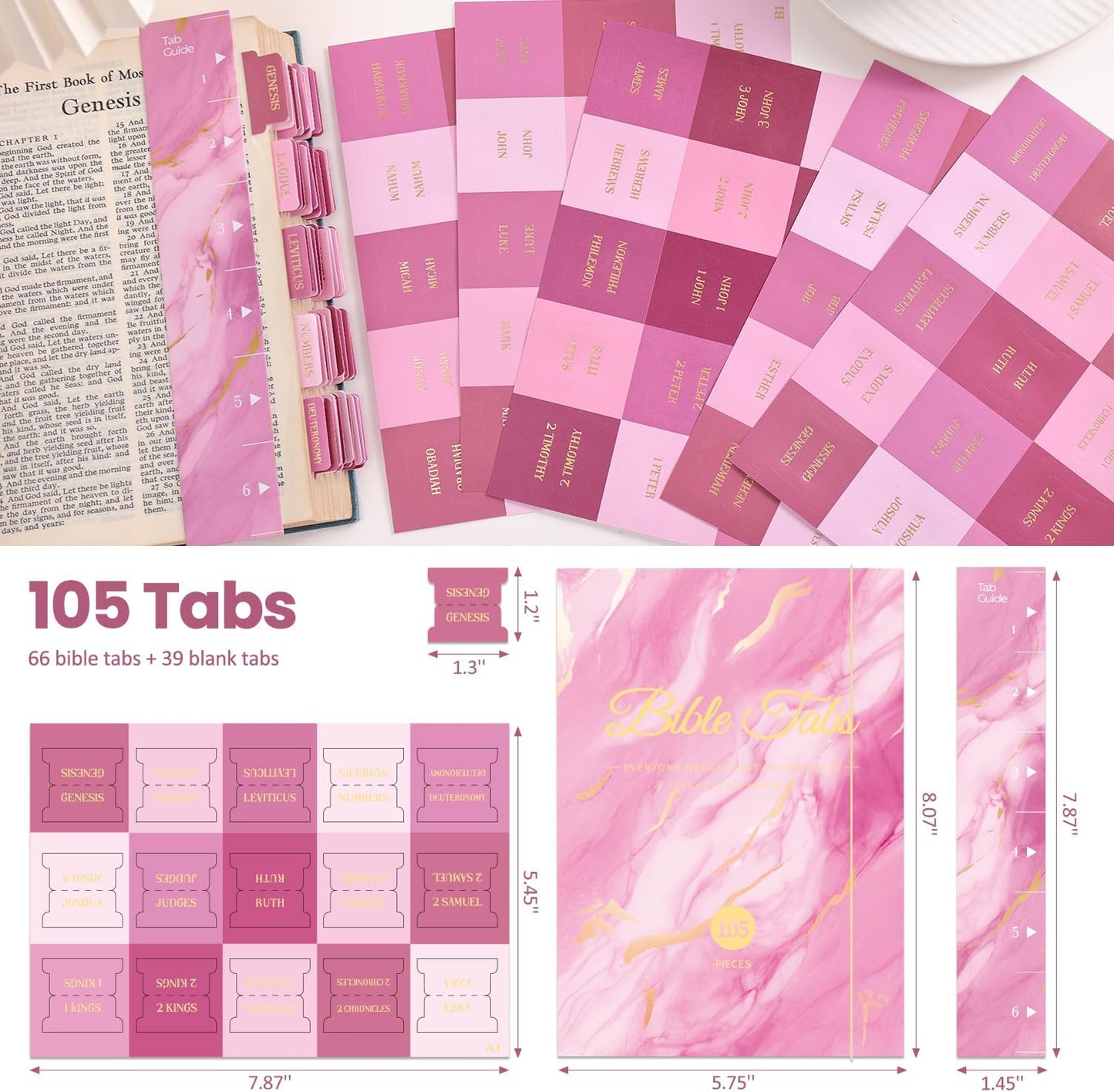 Laminated Bible Tabs, Gold Foil Embossed Lettering Bible Chapter Index Tabs for Women Men, Reposition Large Print Sticky Labels, Easy to Read and Apply, 105Chapters Labels for Easy Navigation (Pink)