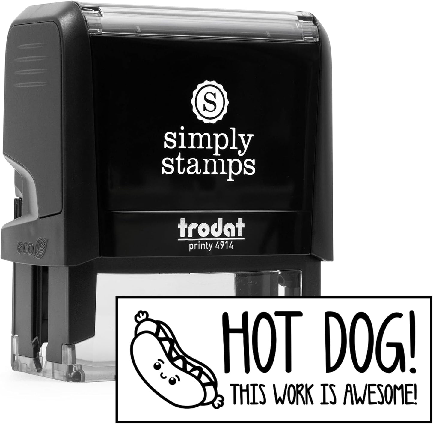 Custom Self-Inking Custom Stamps | 49 Designs | Fun Phrases | Grading Made Easy | Classroom, Library Book Stamps (Hot Dog! Large)