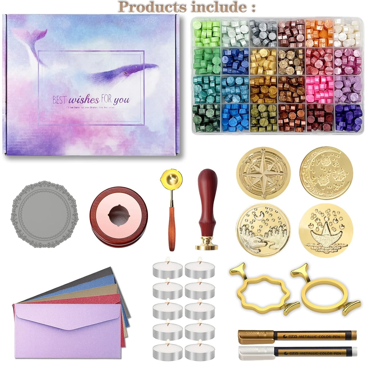 Wax Seal Stamp Kit with Gift Box, 672 Pcs Wax Seal Beads, 4 Pcs Wax Stamps, 2 Pcs Wax Seal Molds, Sealing Wax Warmer, Spoon, Mat, Metallic Pens, Candles, Wax Seal Kit for Craft Gift