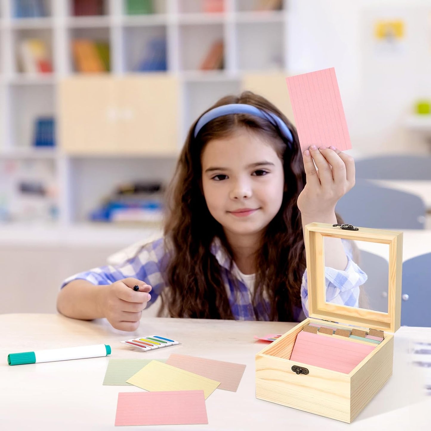 Kathfly 3x5 Index Card Holder Set, 200 Pcs Heavyweight Ruled Notecards and 30 Dividers Wooden Organizer Recipe Box with Flash Card for Home, Office and Kitchen