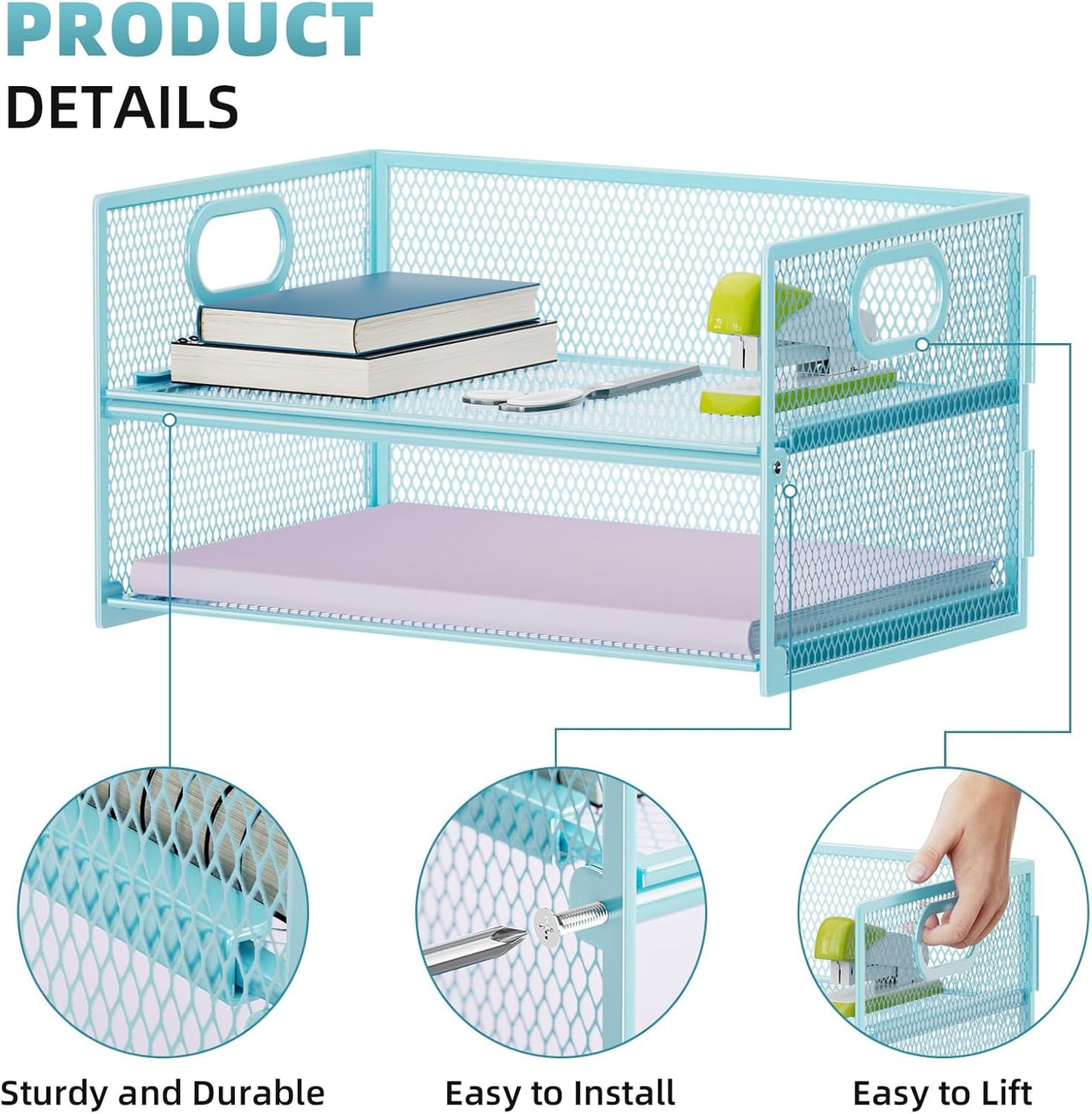 Marbrasse 2 Tier Paper Organizer Letter Tray, Mesh File Organizer with Handle, Paper Sorter Desk Organizer for Home Office Supplies - Blue