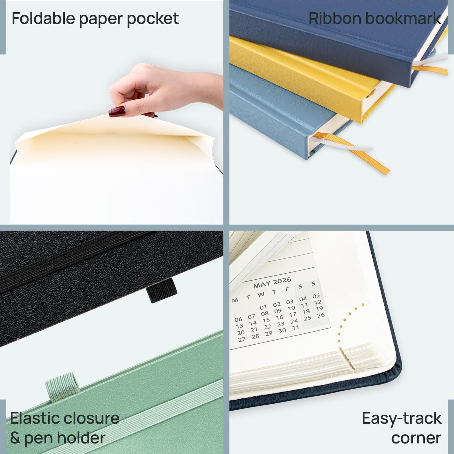 POPRUN 2026 Daily Planner One Page Per Day Even Weekends A4 Large Size (8.5" x 12") - 12 Months Calendar Hourly Appointment Book with Inner Pocket, Pen Holder, Hardcover - Pacific Green